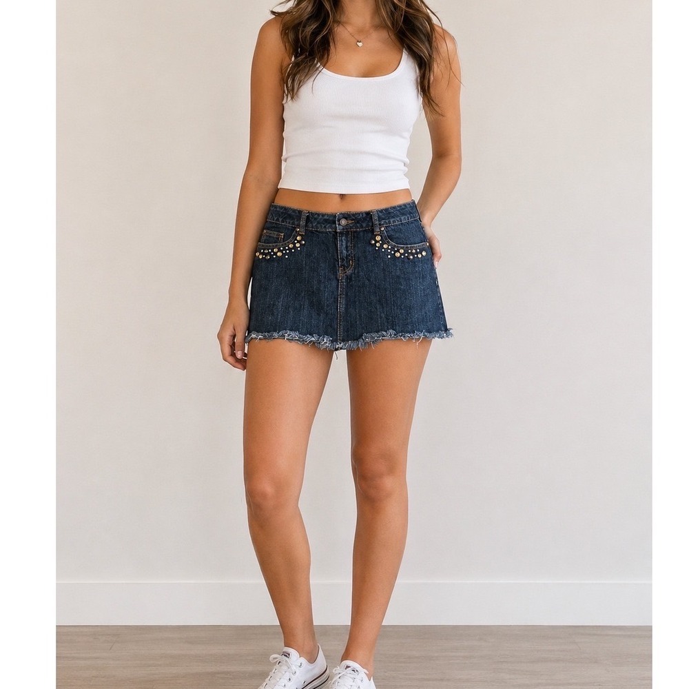 Rampage Jeans Denim Mini Skirt Juniors Size 13 Studded Y2K Raw Hem Edgy Grunge